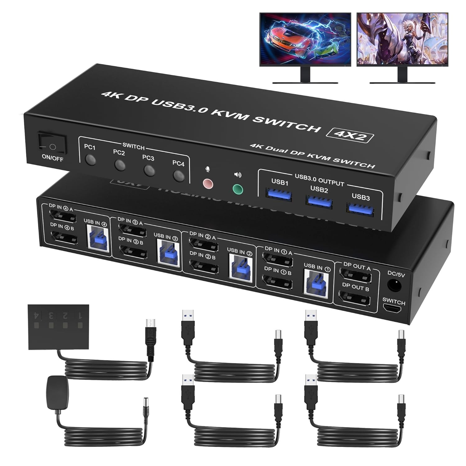 USB 3.0 KVM Switch 2 Monitors 4 Computers Displayport 4K 60Hz, Dual Monitor Displayport KVM Switch 4 Port with Audio Microphone Output and 3 USB 3.0 Ports, DP Monitor Switch for 4 Pcs 2 Monitors