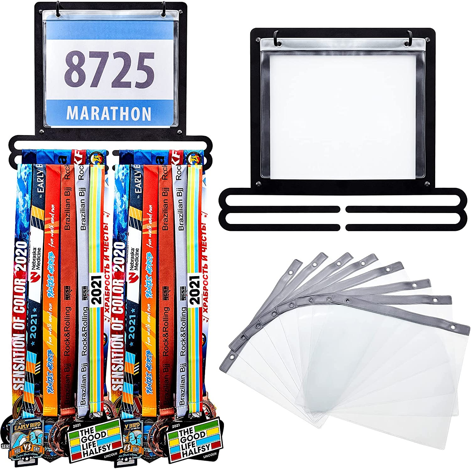 Race Medal Display Wall Mounted Medal Hanger Running Bib and Medal Holder Hanging Medal Rack Display Square Shape Medal Holders with Bib Holder Minimum Display of 40 Medals and 20 Race Bibs