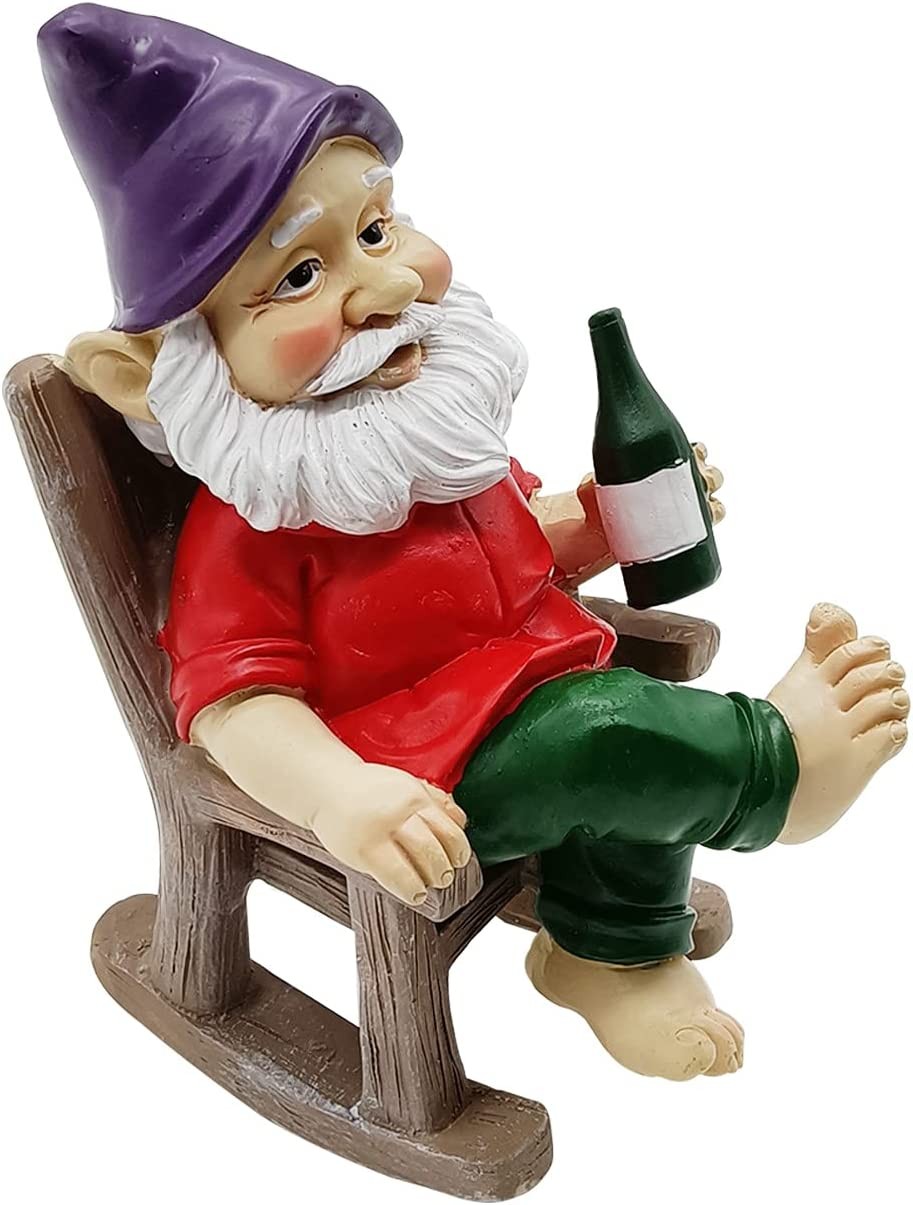 Outdoor Funny Garden Gnomes Decoration Statue Dwarf Figurines Ornament Resin Sculpture Rocking Chair Drinking Gnome Statue for Pation Yard Lawn Indoor Tabletop Home