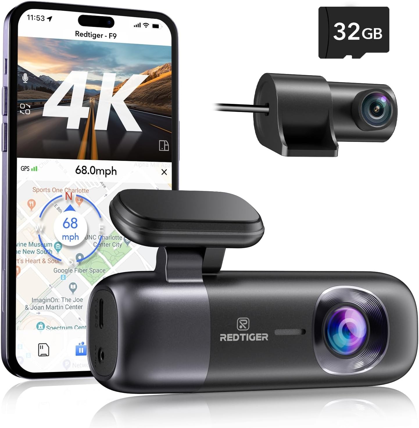 REDTIGER Dash Cam 4K Front and Rear 1080P, Wifi GPS Car Camera with Free 32GB SD Card, Dual Dash Camera for Cars, Loop Recording, Night Vision, Parking Mode, Smart App Control, Support 256GB Max