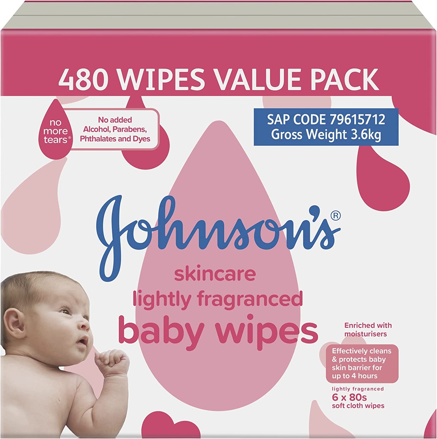 JOHNSON’S Baby Skincare Lightly Fragranced Baby Wipes 6 X 80 Pack