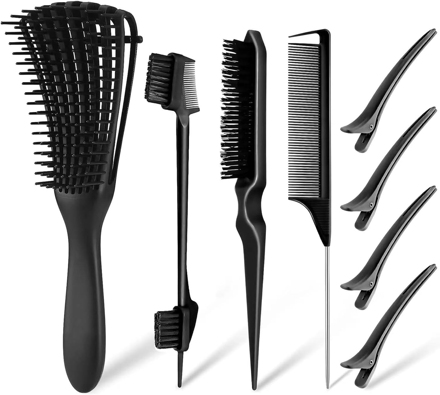 8Pcs Hair Brush Set,Detangling Brush with Hair Styling Comb Set,Hairbrush Set Includ Detangler Brush Teasing Hair Brush Rat Tail Comb Edge Brush,With 4 Duckbill Clips (Black)