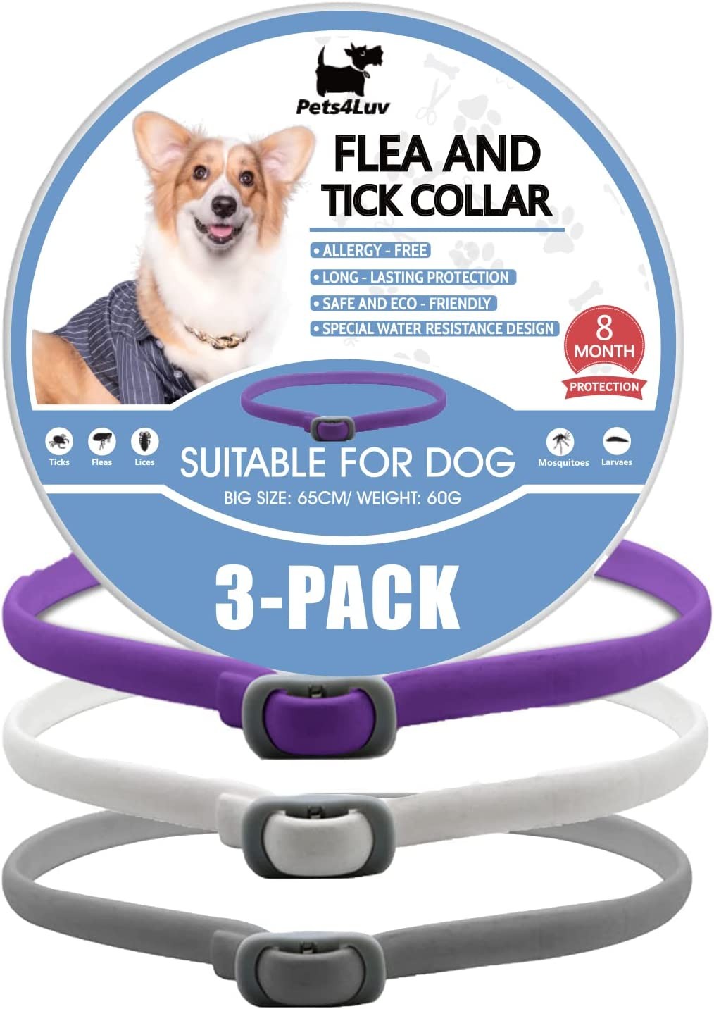 Pets4Luv Flea and Tick Collar for Dogs, Natural Flea and Tick Prevention for Dogs, 8 Months of Protection, One Size Fits All Dogs, Adjustable and Waterproof Design 3PCS