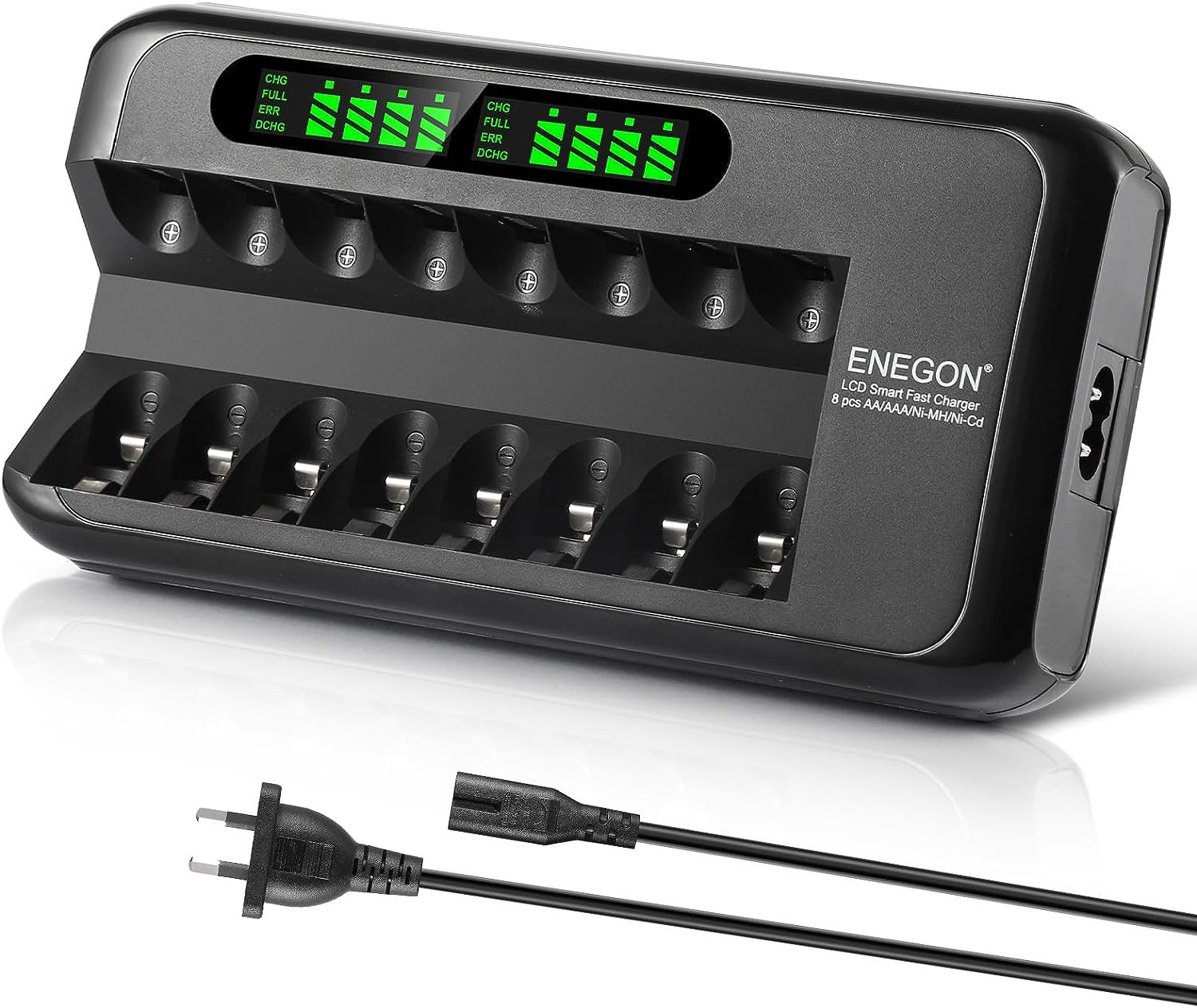 ENEGON AA AAA Battery Charger, Fast Charger with AC Adapter and Intelligent LCD Display, Independent 8 Bay Charger for Ni-Mh Ni-Cd Rechargeable Batteries, Auto Cut-Off When Battery Is Full Charged