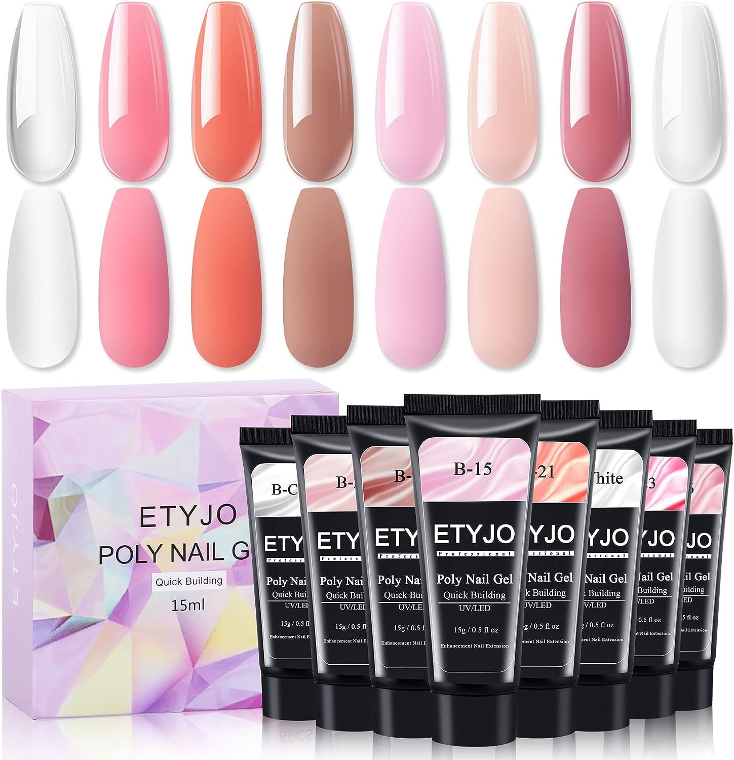 ETYJO Poly Gel Nail Extension Kit, 8 Colors Clear Nude Pink Poly Gel Set Nail Enhancement Builder Nail Gel Poly Gel Colors for Beginners DIY Home Salon