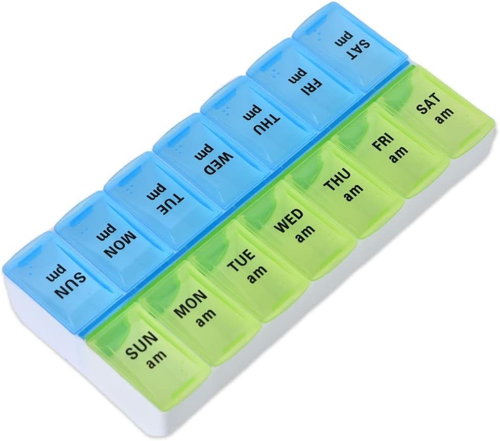 AM/PM Weekly Pill Organizer, 7 Day Pill Box 2 Times a Day, Portable Medicine Travel Box Case 1 Week, Day and Night Pill Case with Braille