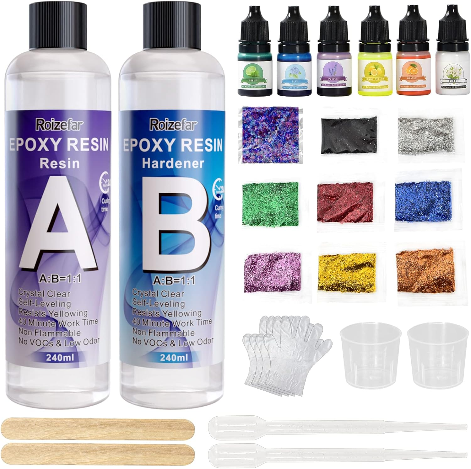 Roizefar Epoxy Resin Kit, 480Ml Crystal Clear Resin Kits for Beginners, Resin Accessories with Resin Pigment, Glitter, Sequins, Casting Resin Starter Kit for Jewelry Making，Art Craft