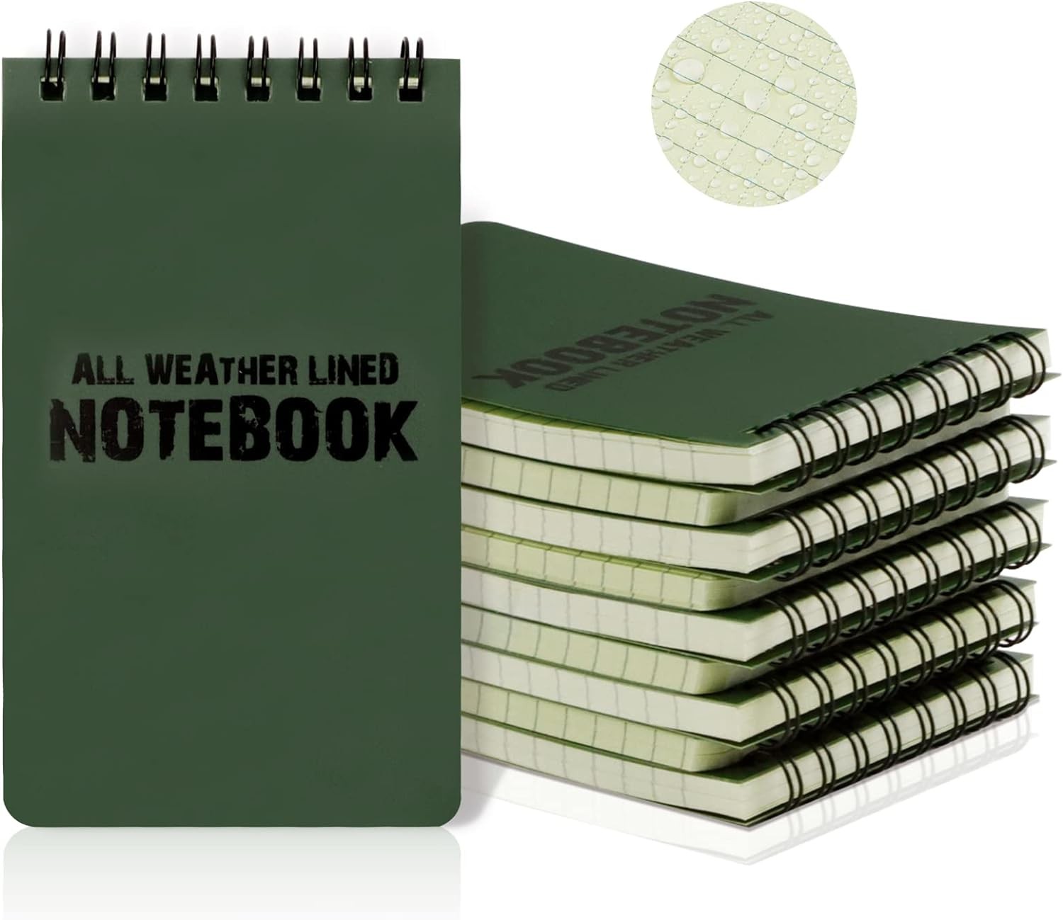 RETON 10 Pack Waterproof Notebook, 3 X 5 Inches Pocket Notepad, All-Weather Memo Pads with Top-Spiral, Tactical Steno Pads with Grid for Outdoor Activity Recording (Army Green)