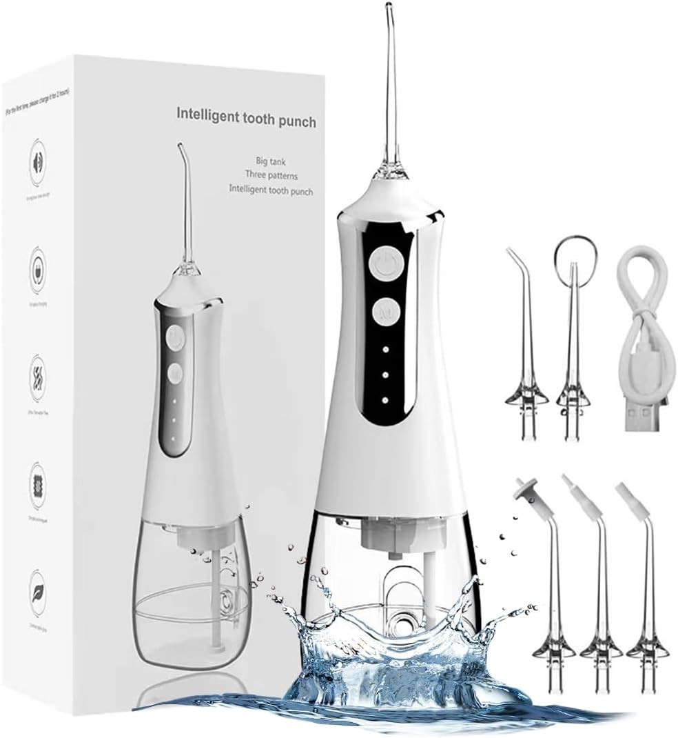 YOZYU Cordless Water Flosser Professional Oral Irrigator,5 Jet Tips 3 Modes IPX6 Waterproof 300ML Detachable Water Tank Low Noise,Portable Cordless Rechargeable Teeth Cleaner for Home&Travel (White)