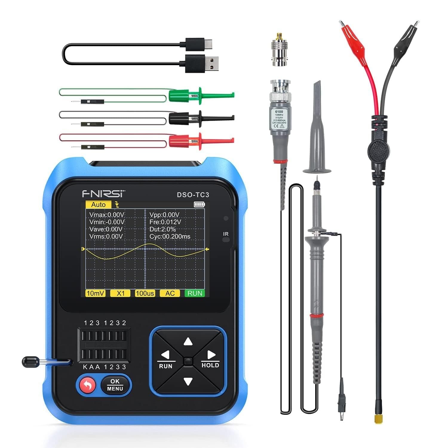 DSO-TC3 Oscilloscope 3-In-1 Handheld Oscilloscope DDS Signal Generator Transistor Tester Portable Oscilloscope 500Khz Bandwidth 10Msa/S Sampling Rate, 6 Types of Waveforms, Transistors Measure