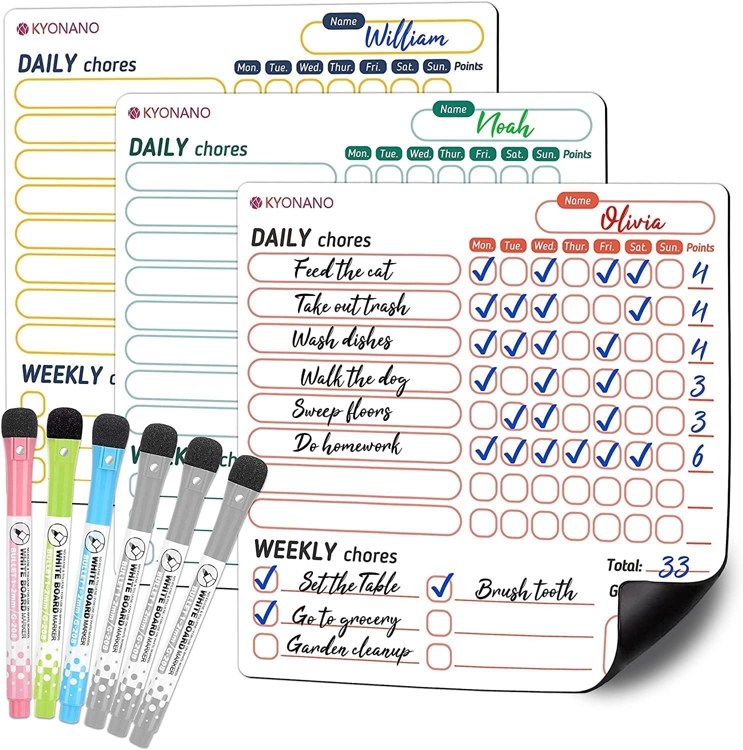 Magnetic Chore Chart – Dry Erase Behavior & Chore Chart – Kids Chore Chart for 3 Kids with 6 Colored Markers with Eraser Caps, Magnetic Refrigerator White Board for Training Responsibility