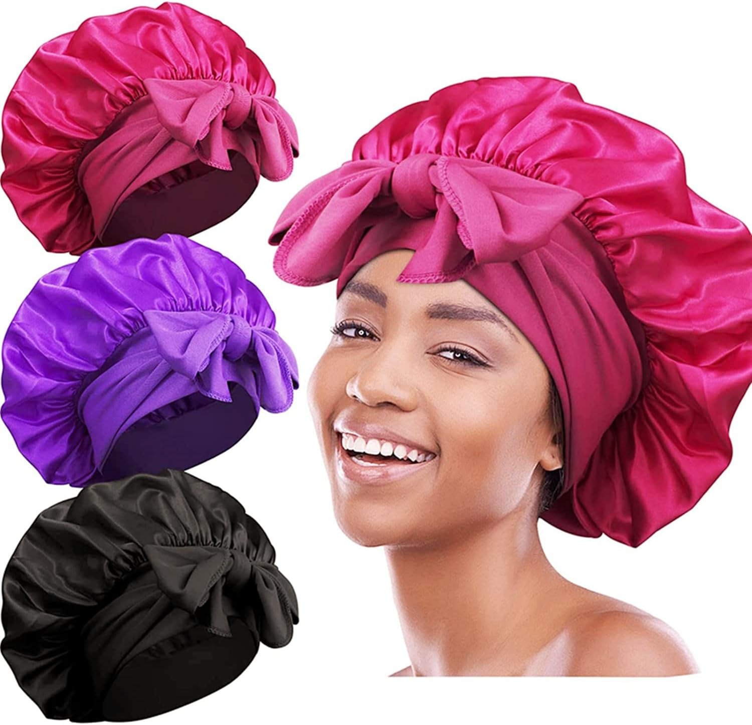 3Pcs Satin Bonnets for Women,Large Silky Bonnet with Tie Band, Prevent Hair Frizz Satin Sleep Cover,Bow Tie Elastic Soft Sleeping Head Cover for Women Curly Hair Keep Hair Style (Black& Red& Purple)