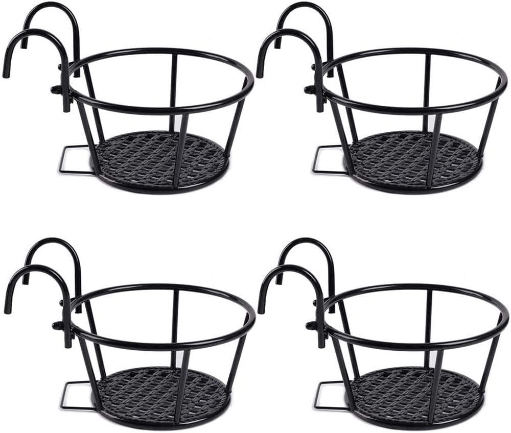 Idopick Hanging Railing Planter Baskets, 4 Pack Flower Pot Holder Garden Planter Support Rack Decorative for Indoor and Outdoor Plants Perfect for Porches and Patio Decor