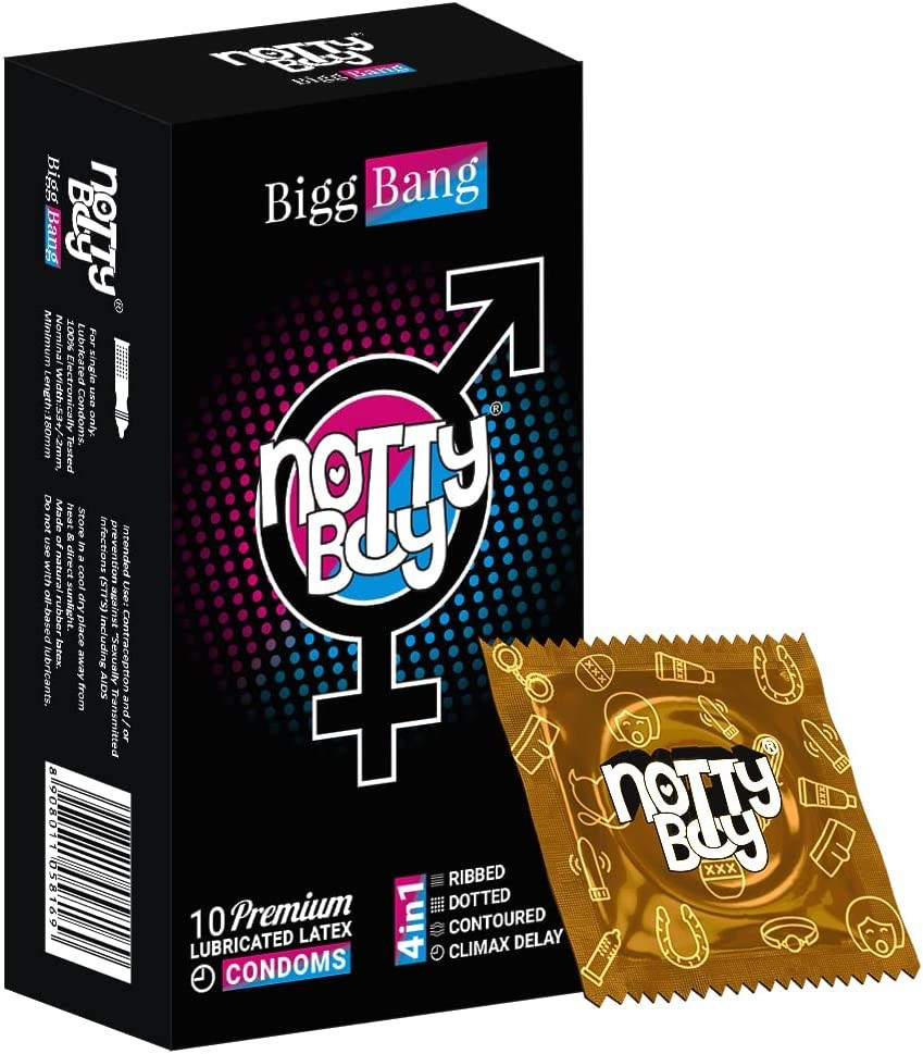 Nottyboy 4-IN-1 Textured Condoms Ribbed, Dotted, Contour with Climax Delay Lubricant – Pack of 10