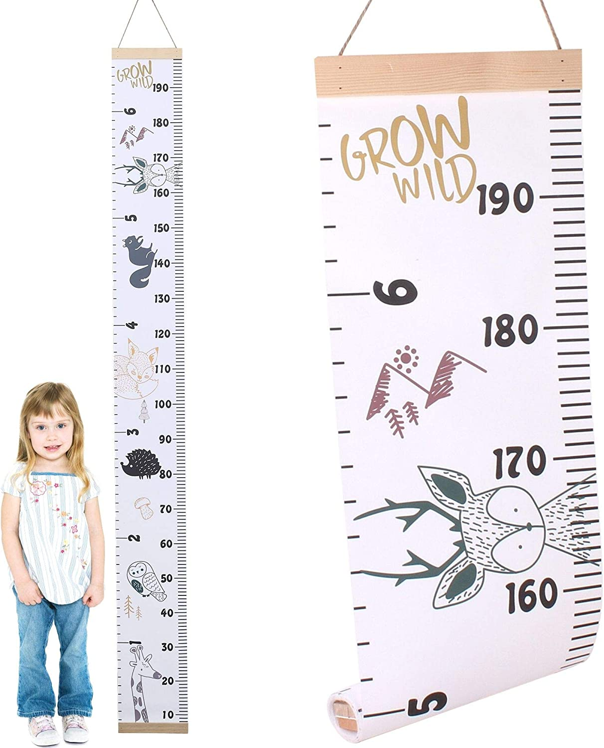 All about Kids Growth Chart, Wood Frame Fabric Canvas Height Measurement Ruler from Baby to Adult for Child’S Room Decoration, 200X20 Cm, with Colourful Animals, Babies, Kids and Parents (Animals)