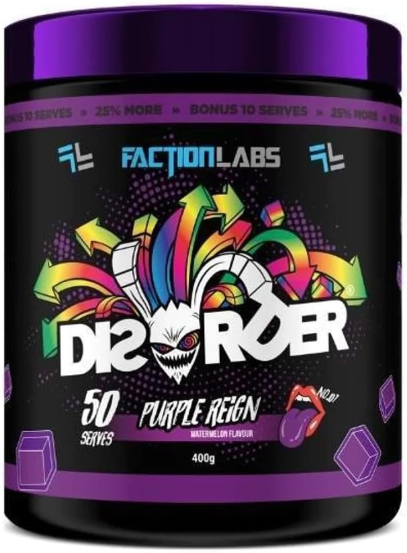 Faction Labs DISORDER Pre Workout Powder – Purple Reign Flavour, 400 Grams (50 Servings)