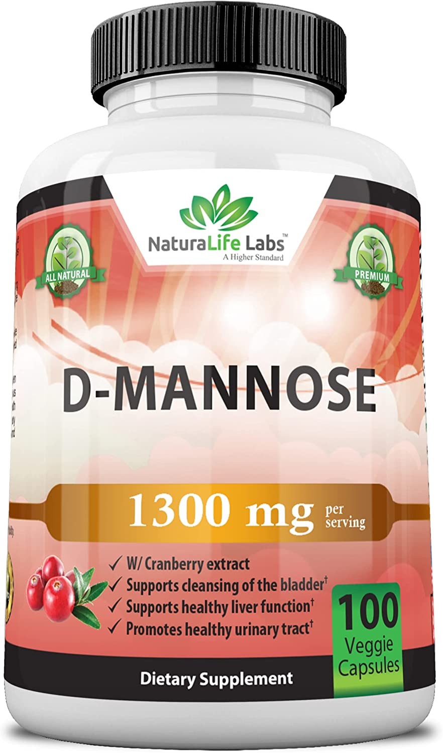 D-Mannose 1,300 Mg with Cranberry Extract Fast-Acting, Flush Impurities, Natural Urinary Tract Health- 100 Veggie Capsules