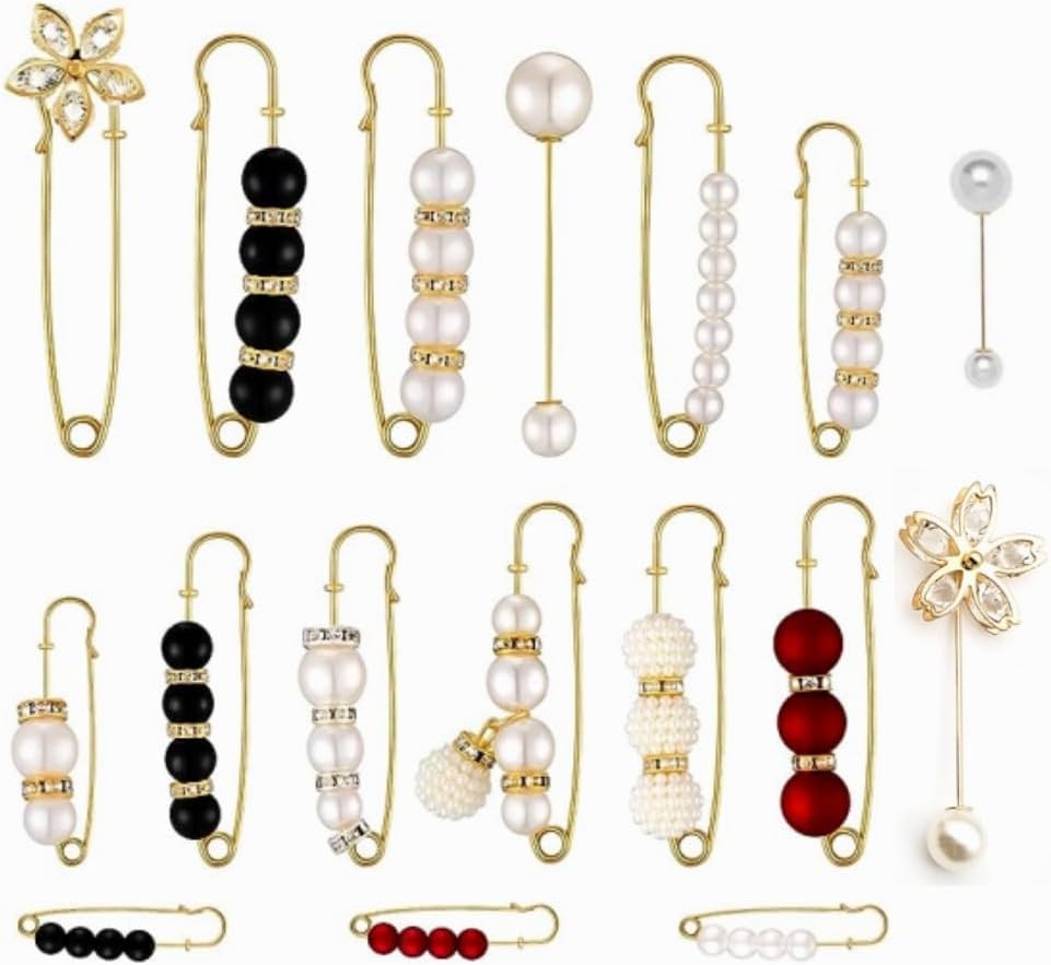 Jindizi Decorative Safety Pins, 20Pcs Stylish Sweater Shawl Pin White Faux Pearl Brooch Pins Safety Pin Rhinestone for Girl Woman Clothes Dress Accessories