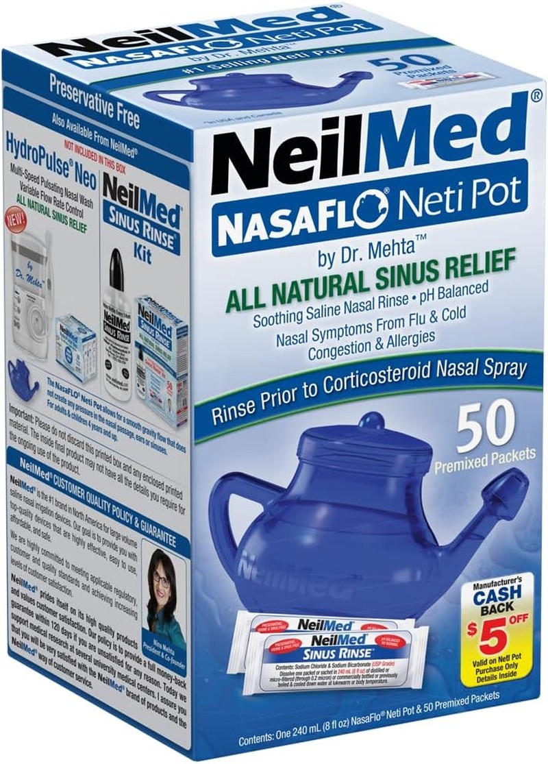 Neilmed Nasaflo Unbreakable Neti Pot with 60 Premixed Packets