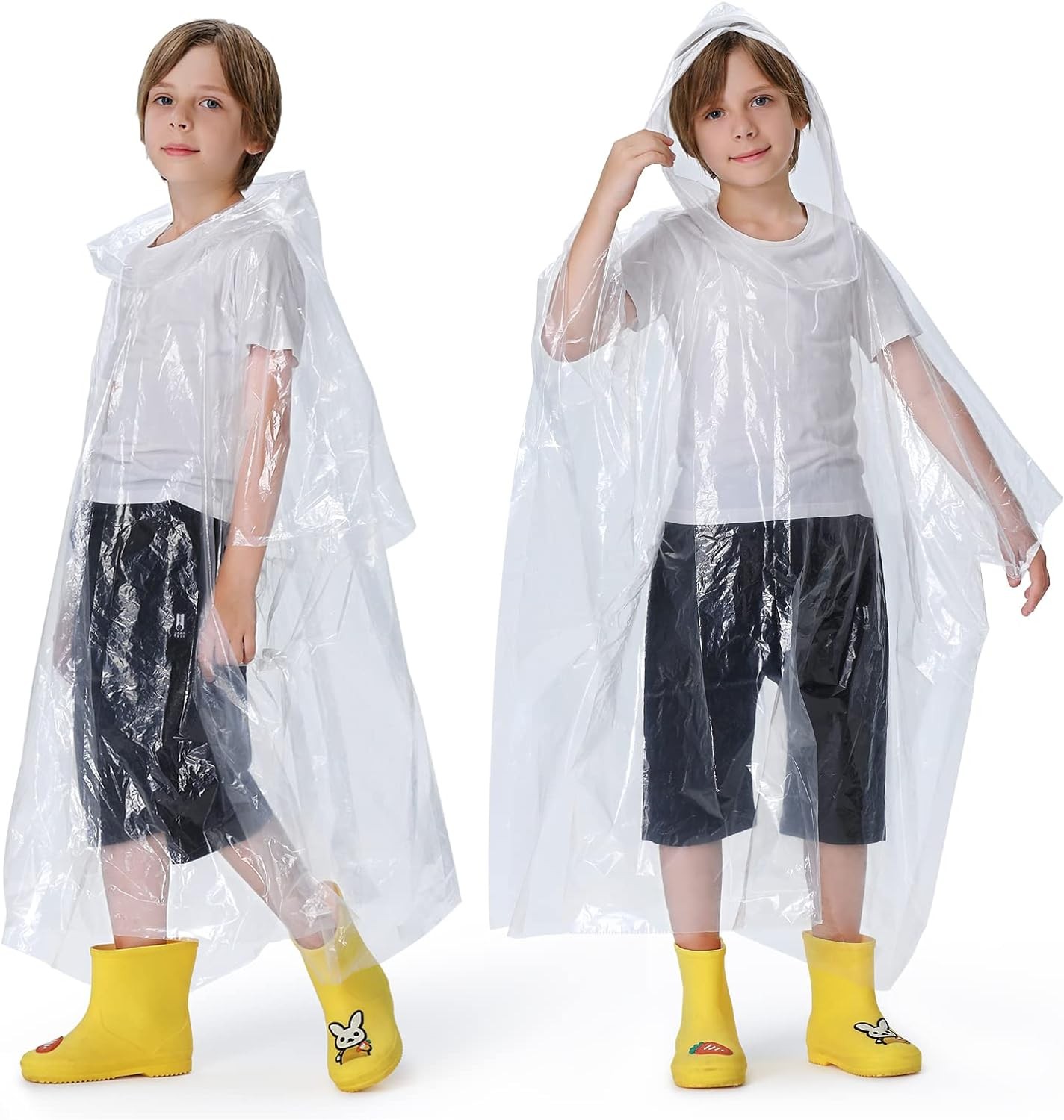 4 Pack Disposable Rain Ponchos for Kids, Clear Plastic Rain Poncho with Drawstring Hood for Boy Girl Emergency School Family Travel Hiking Theme Park Camping