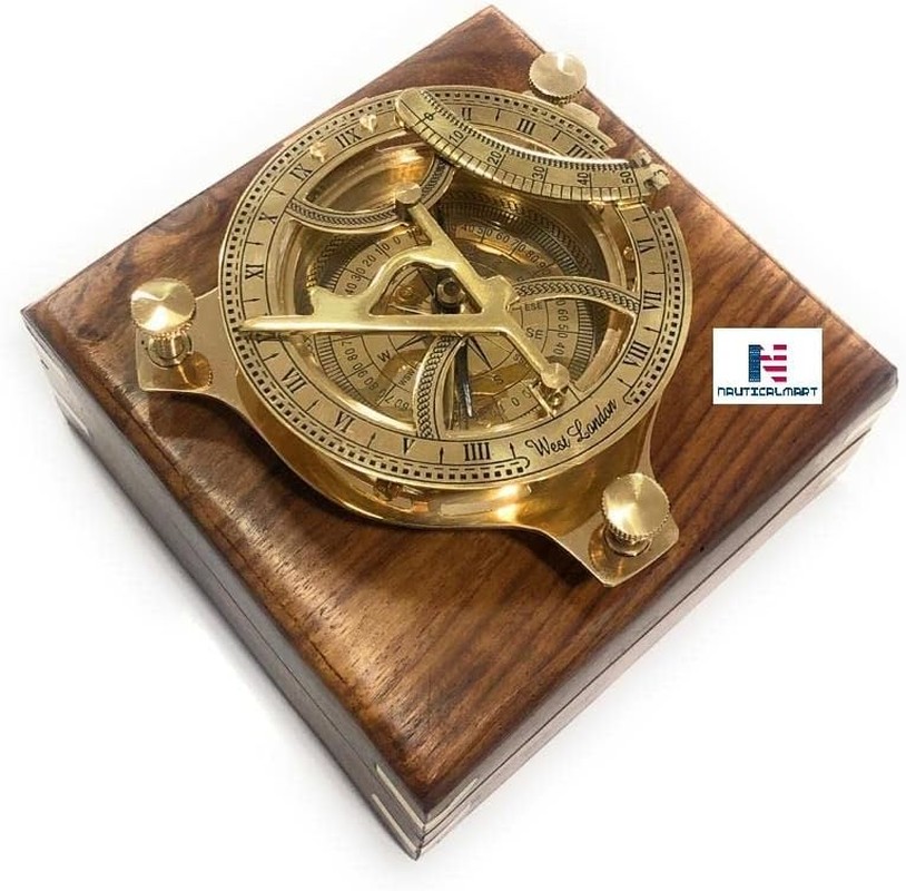 Captain Brass Sundial Compass with Hardwood Wooden Box Nauticalmart