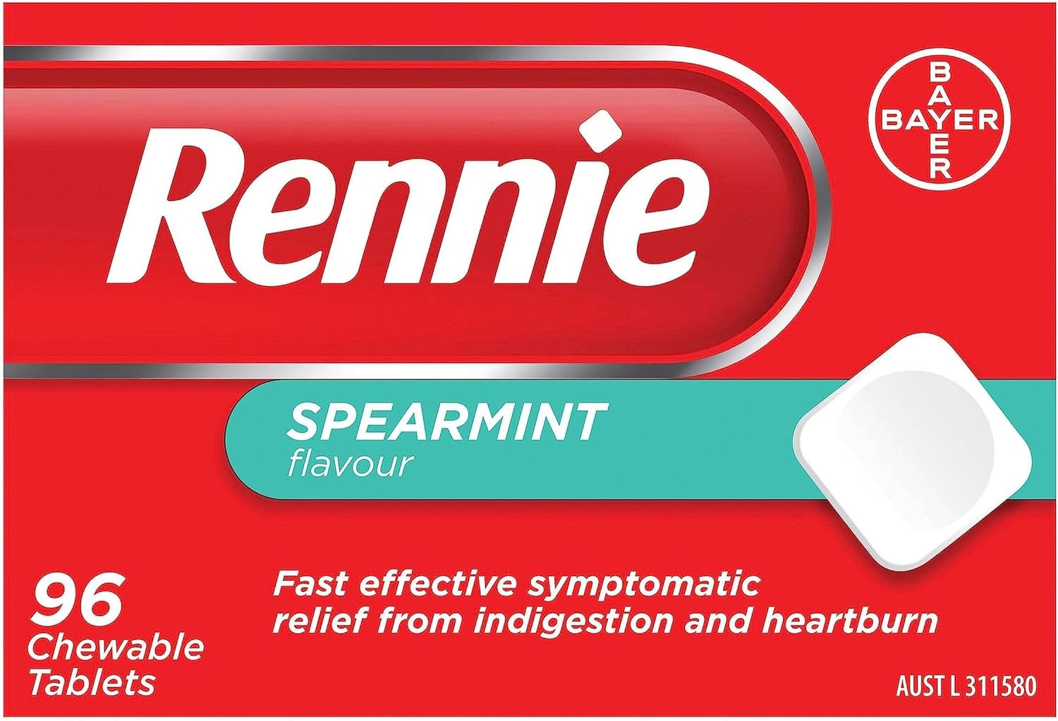 Rennie Antacids Chewable Tablets, Fast and Effective Digestive Relief for Heartburn and Indigestion, Spearmint Flavour, 96 Count