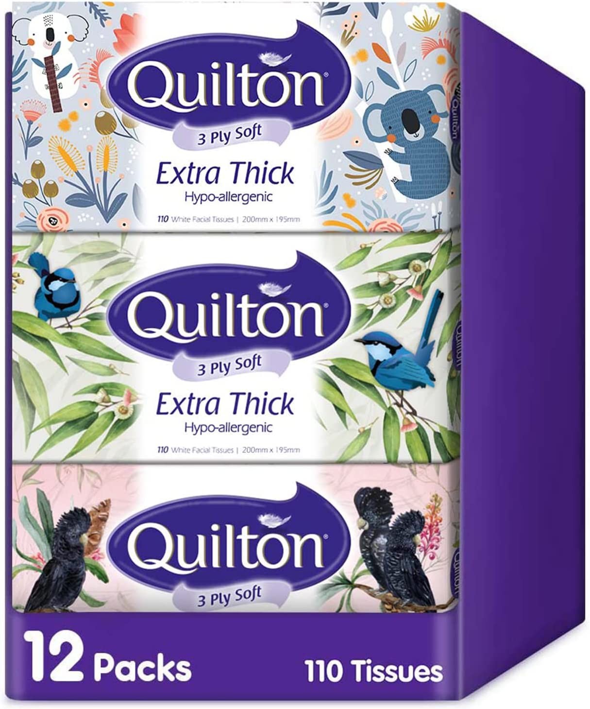 Quilton 3 Ply Extra Thick Facial Tissues Hypo-Allergenic (12 Boxes of 110 Tissues Each)