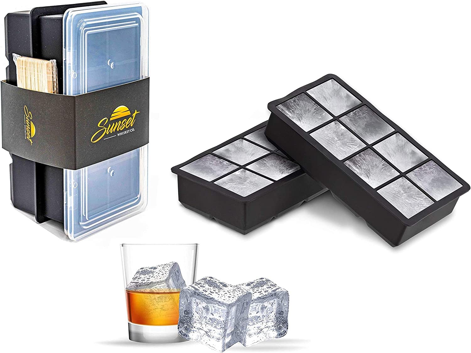 Sunset Silicone Ice Cube Trays – Set of 2 Large Ice Cube Molds | Square Ice Cube Maker for Freezer | Ice Moulds for Whiskey, Cocktails & More | Reusable & BPA Free (2Pk – 8 Square Molds) | AUS Seller