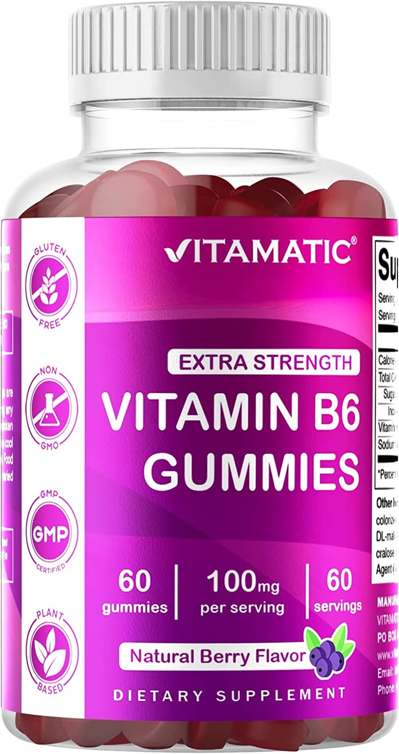 Vitamatic Vitamin B6 100Mg – Berry Flavor – 60 Pectin Based Gummies – Supports Nervous System