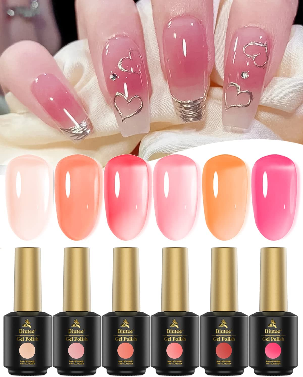 Biutee Jelly Gel Nail Polish, 6 Colors Translucent Sheer Pink Transparent Gel Nail Polish Kit, UV LED Soak off Gel Nail Polish for Nail Art Salon & DIY