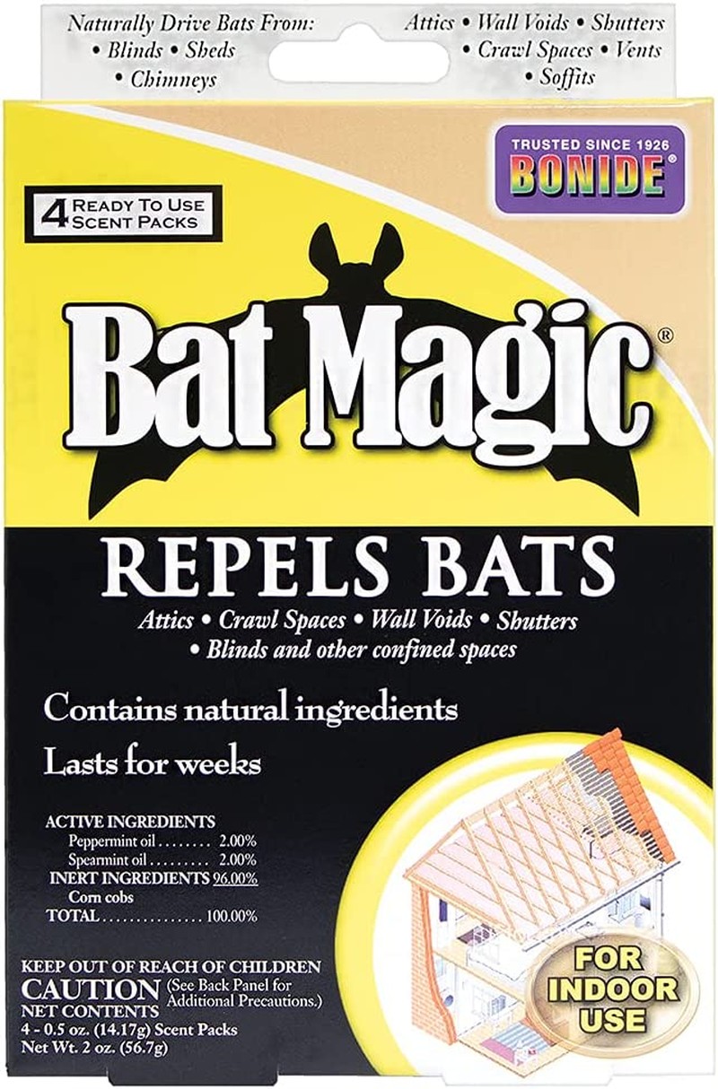 Bonide Bat Magic Bat Repellent, Pack of 4 Ready-To-Use Peppermint Oil Scent Packs for Long Lasting Indoor Bat Control