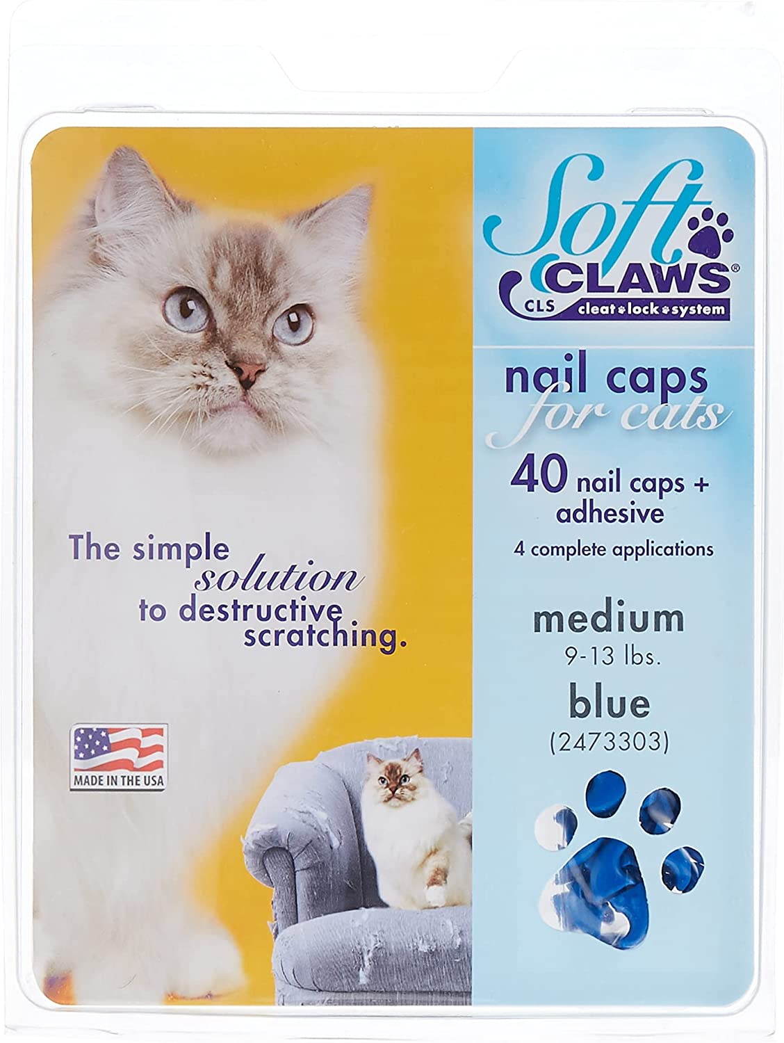 Soft Claws for Cats – CLS (Cleat Lock System), Size Medium, Color Blue