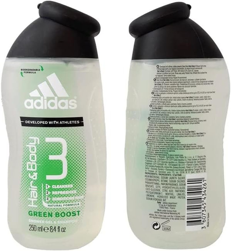 Adidas Green Boost Mens Shower Gel and Shampoo, 250 Ml