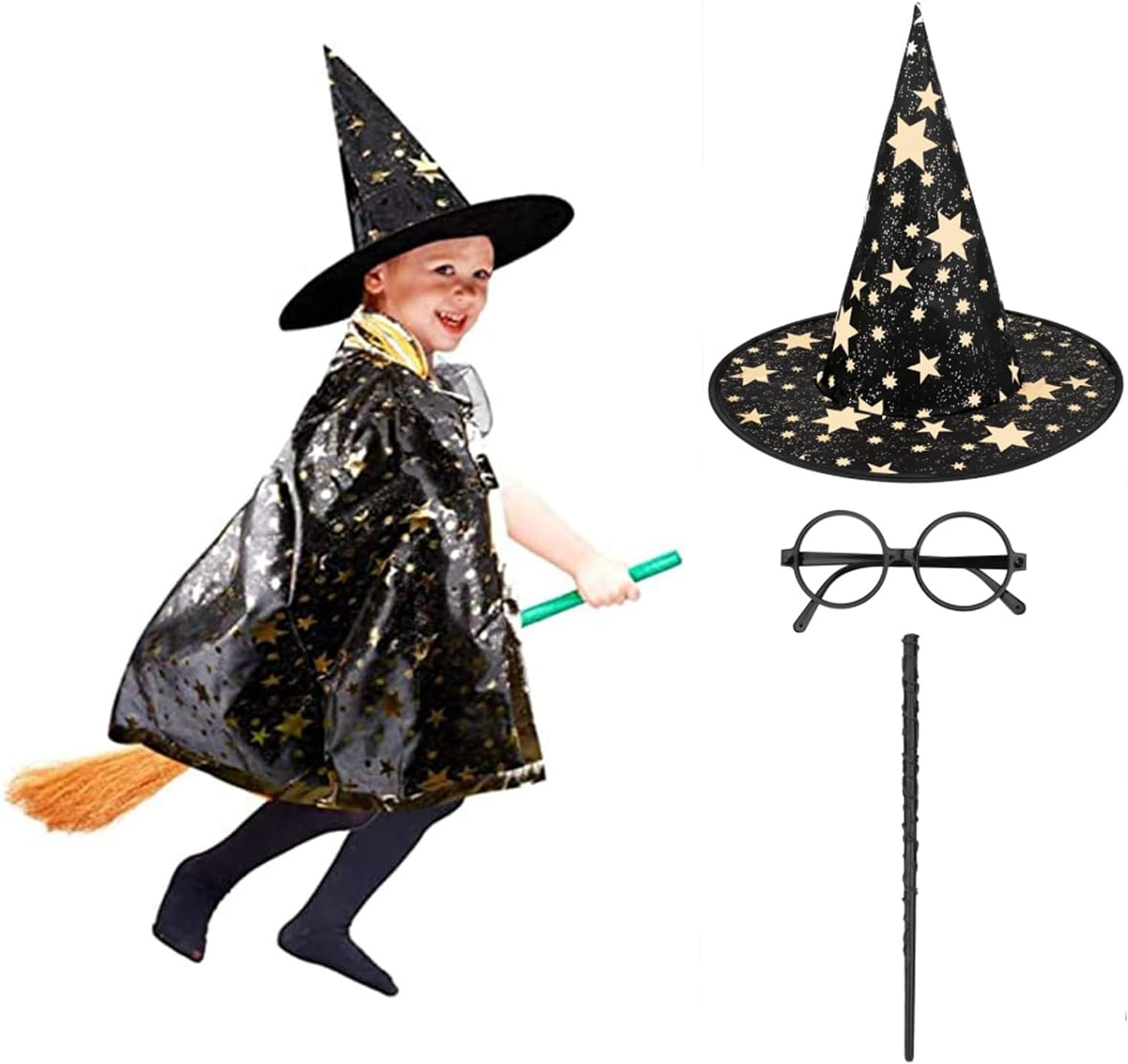 Stars Wizard Cloak Cape Hat Wand Witch Magician Costumes for Kids Boy Girl Halloween Cosplay Birthday Party Accessories, Role Play Costume Decorations Stage Performance Photo Props – Black