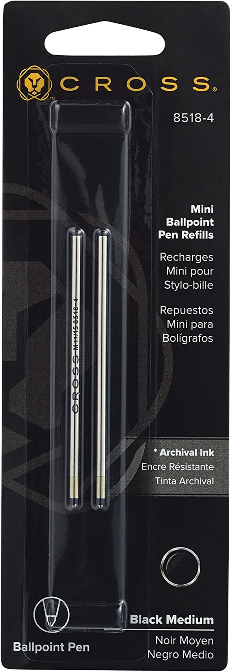 Cross Mini Ballpoint Pen Refill, Medium Black, Fits Tech 3, Autocross, Compact, Leather Accessory Pens, 2 per Card (8518-4)