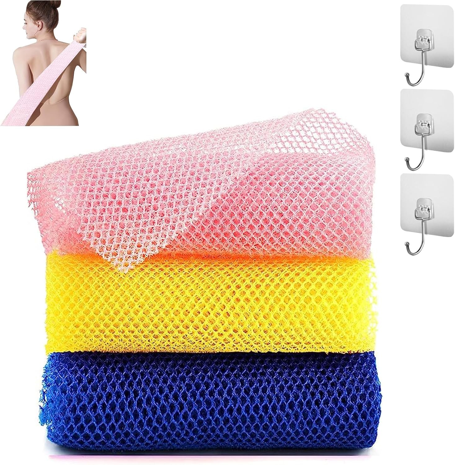 3 Pieces African Net Sponge, African Wash Net,African Shower Net,Scrubber for Daily Shower Bathing Exfoliating（Pink Yellow Blue)