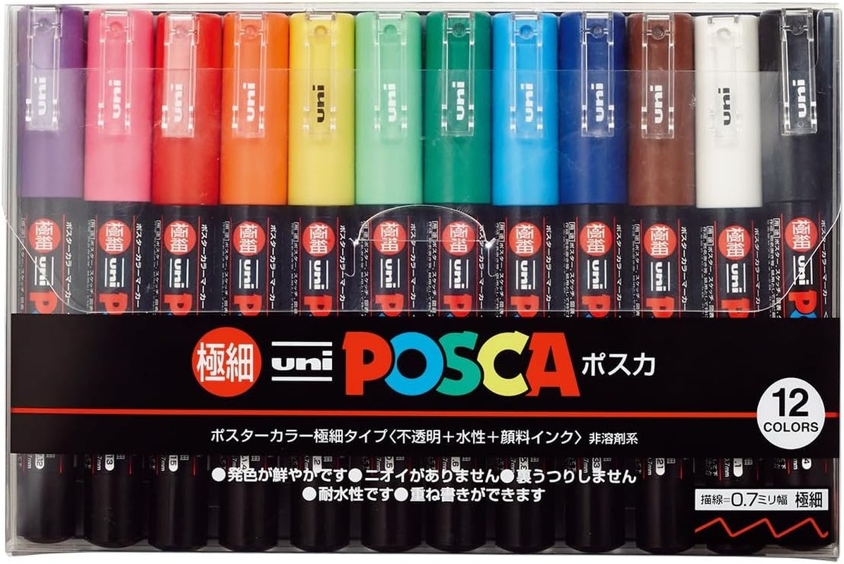 Uni-Posca Paint Marker Pen – Extra Fine Point – Set of 12 (PC-1M12C)