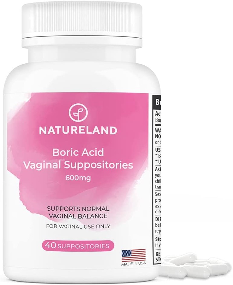 Natureland 40 Count, 600Mg Boric Acid Vaginal Suppositories, Made in USA, Restore Ph Balance and Reduce Dryness, Odors, Itchiness, Discharge, Support Intimate Health (40 Count (Pack of 1))