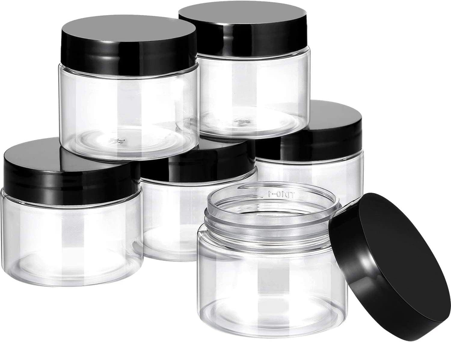 LALOCAPEYO 6 Pack 1 Oz Plastic Pot Jars round Clear Leak Proof Plastic Cosmetic Container Jars with White Lids for Travel Storage Make Up, Eye Shadow, Nails, Powder, Paint, Jewelry