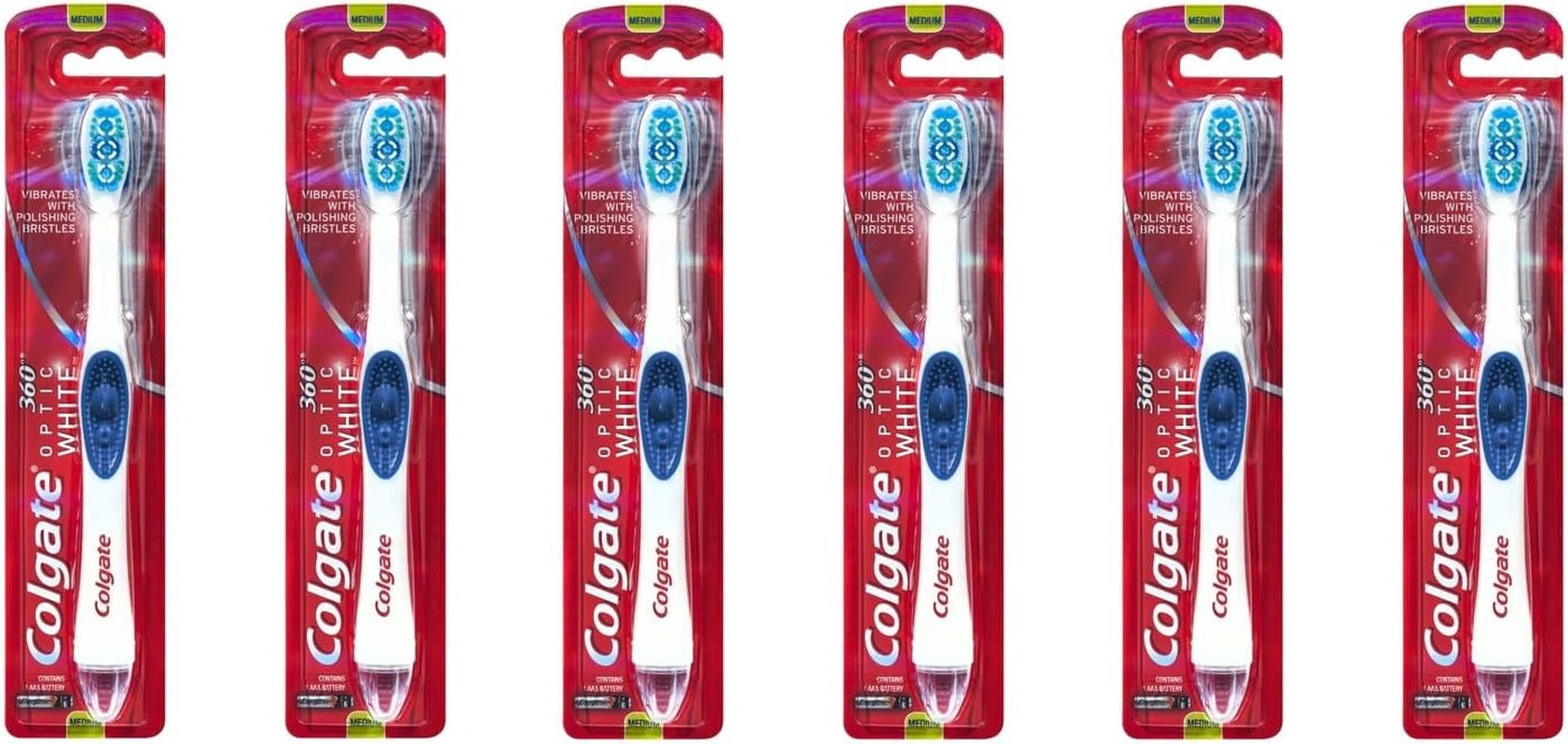 Colgate 360° Optic White Battery Powered Toothbrush, 1 Pack, Medium with Vibrating and Polishing Bristles