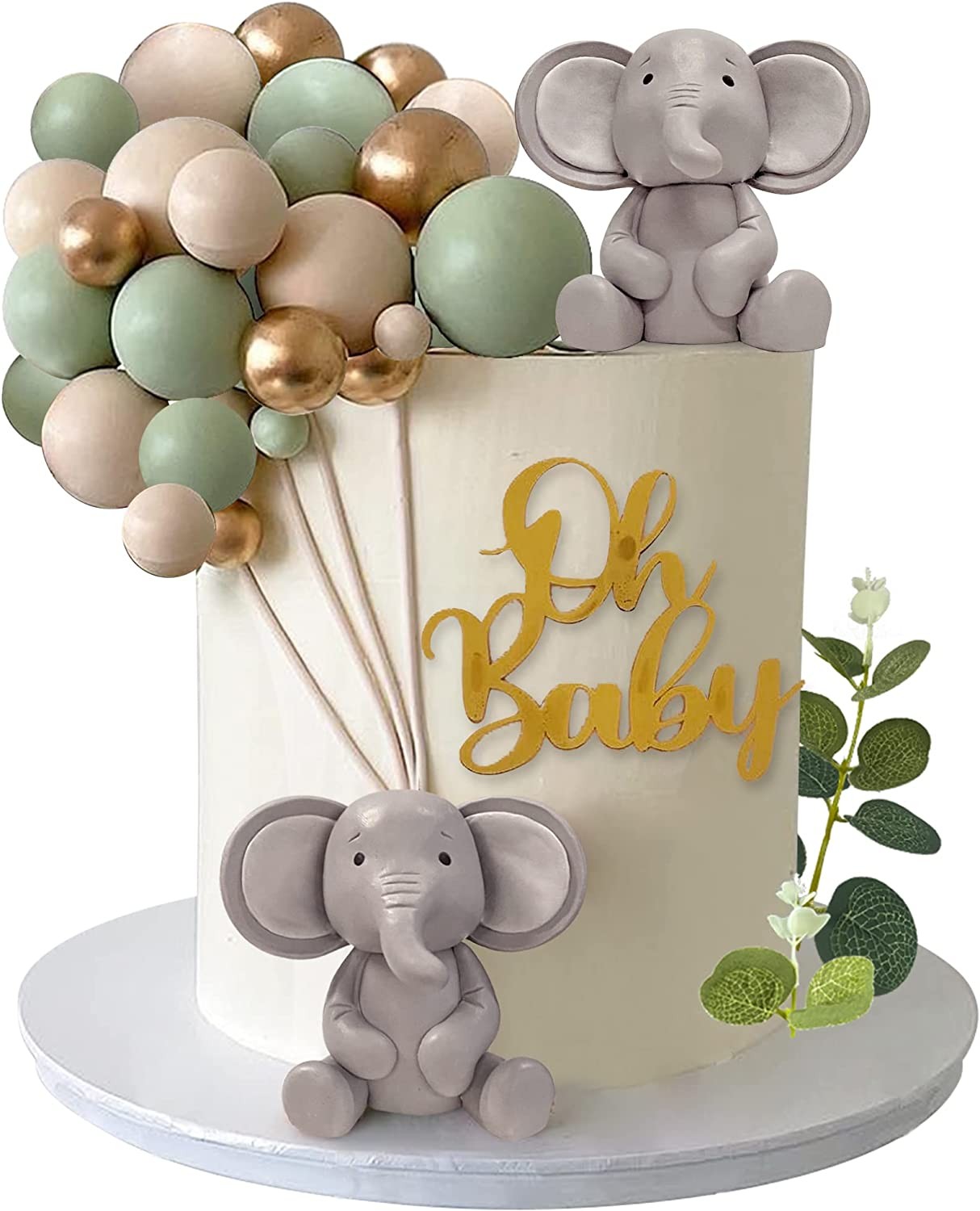 26 PCS Elephant Cake Decoration Cute Baby Elephant Cake Decorations Pearl Balls Cake Picks Eucalyptus Leaves Decoration Elephant Baby Shower Cake Decoration