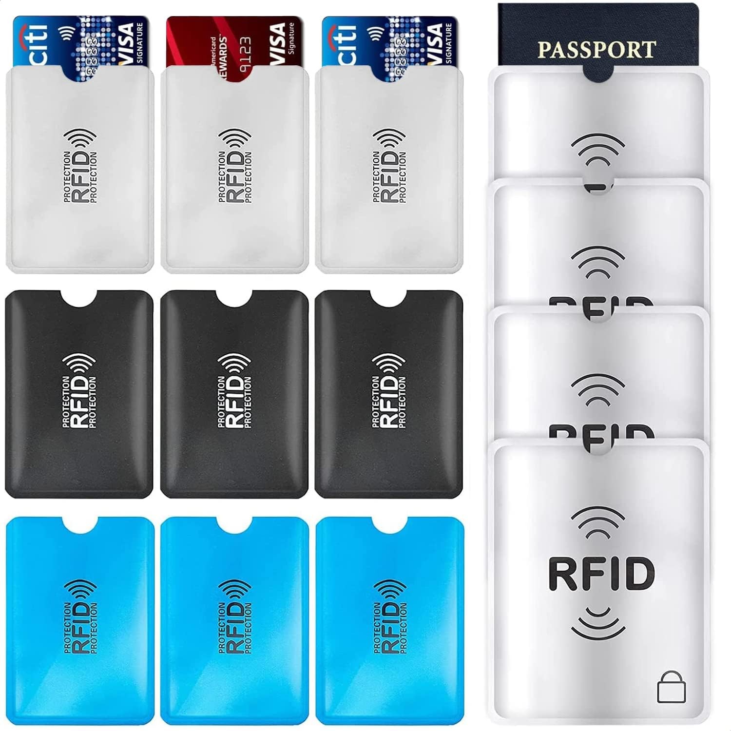 13 Pcs RFID Blocking Sleeves Envelopes Card Holder, 9 RFID Blocking Credit Card Sleeves & 4 Passport RFID Security Holders Suit Set RFID Identity Card Protector for Women Men