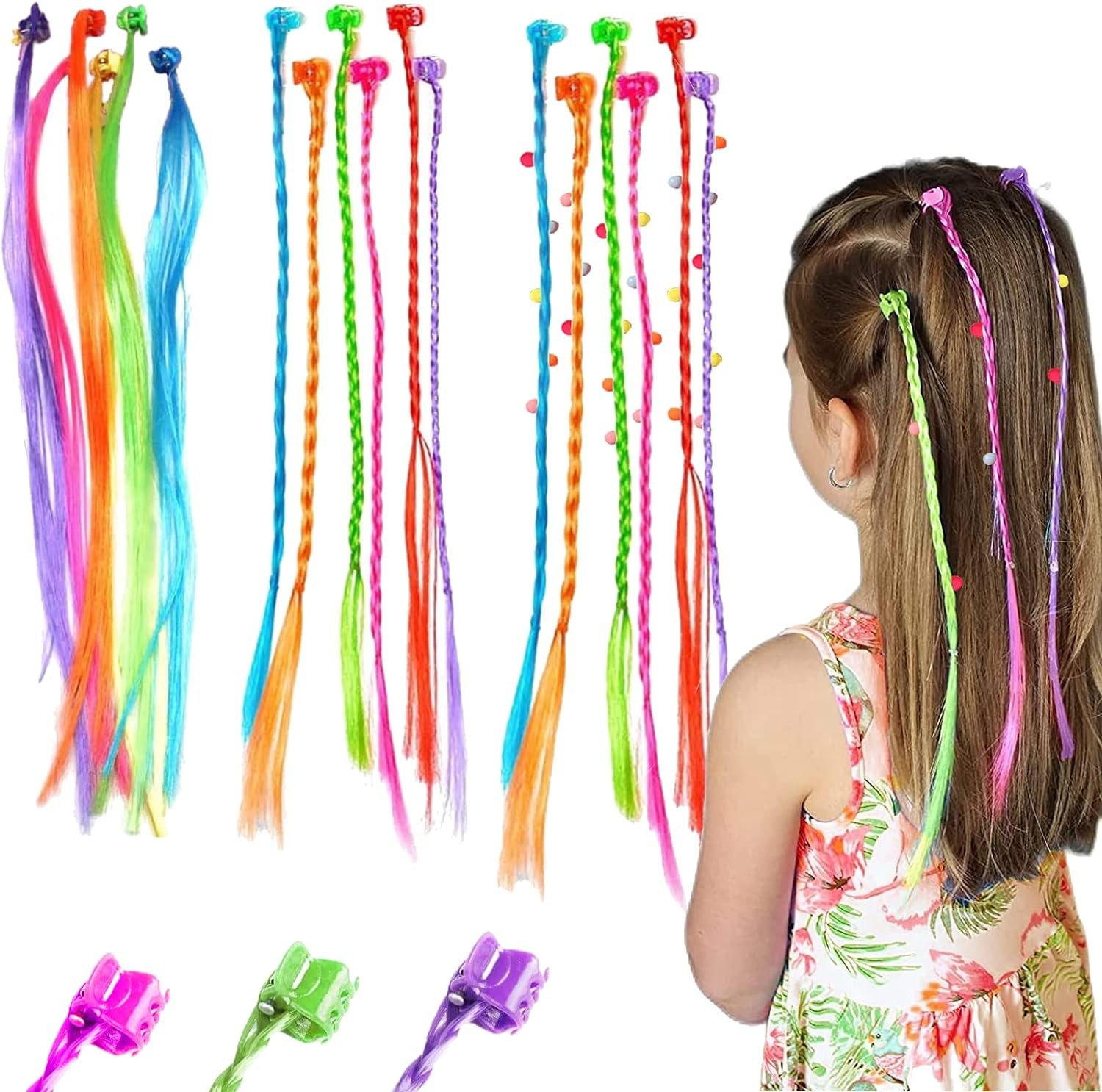 36 PCS Kids Coloured Hair Extensions with Hair Clips, Hair Styling Accessories Kids Hair Accessories for Teenage Girls Hair Braids Extensions