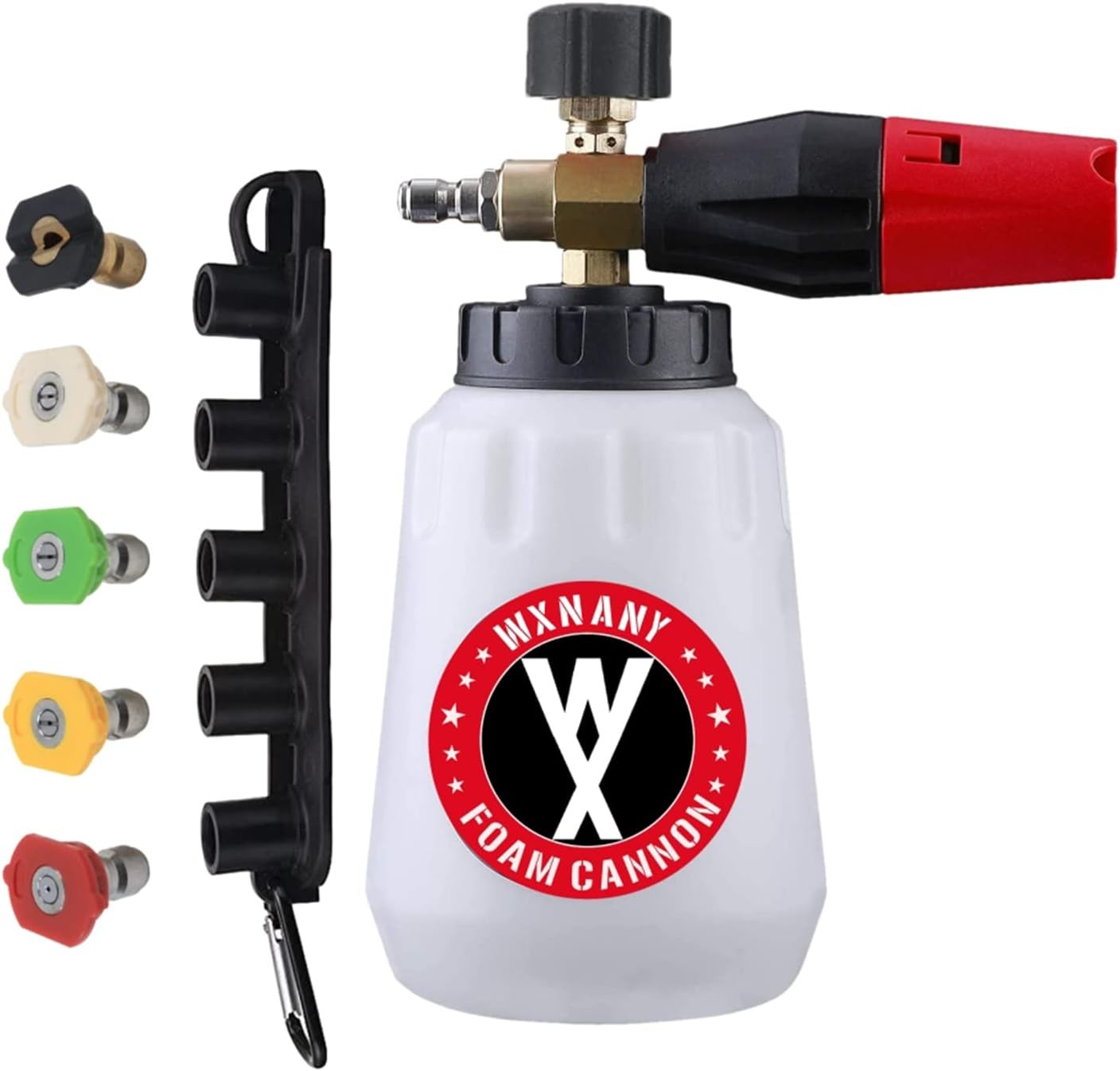 WXNANY Pressure Washer Foam Cannon Heavy Duty Foam Wash Gun with 1/4 Inch Connector 1 Liter Bottle 5 Tips and Holder