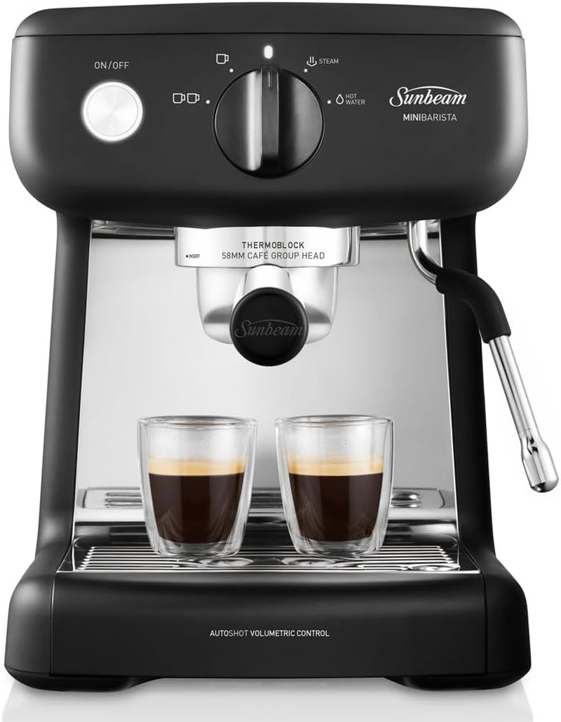 Sunbeam EM4300K Mini Barista Coffee Machine, Espresso, Latte and Cappuccino Coffee Maker, 2L Water Tank, Milk Frother, 15 Bar Italian Pump, Black