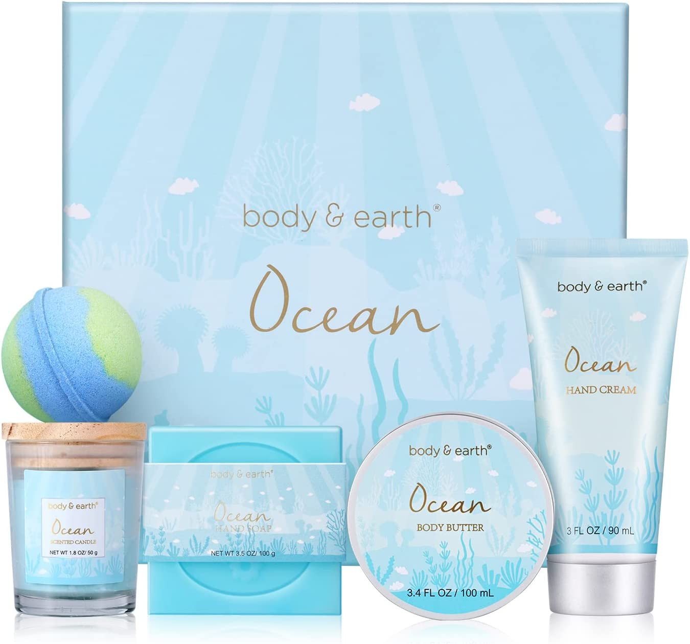 Gifts for Women, Bath Set with Ocean Scented Spa Gifts for Her, Includes Scented Candle, Body Butter, Hand Cream, Bath Bar and Bomb, 5 Pcs Bath Gift Sets, Gifts Set for Women, Gifts for Mom