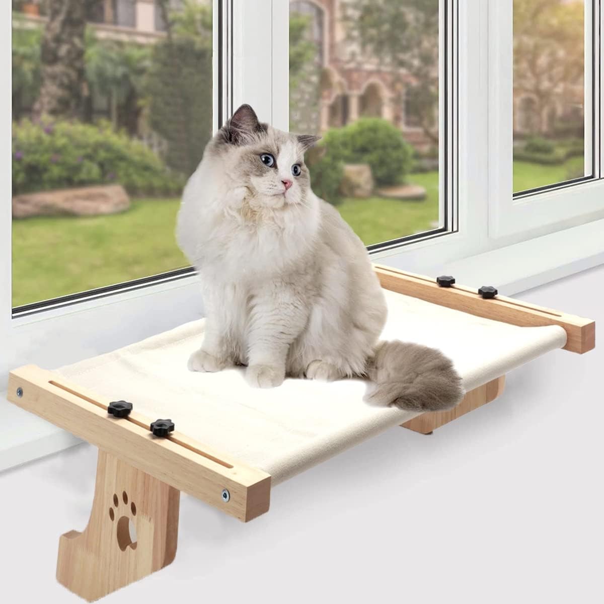 Leuik Cat Window Perch, Cat Hammock Cat Bed with Wood Frame for Large Cats, Adjustable Cat Bed for Sunbathing, Napping & Overlooking, Sturdy Cat Perch Seat for Windowsill, Bedside, Drawer, Cabinet