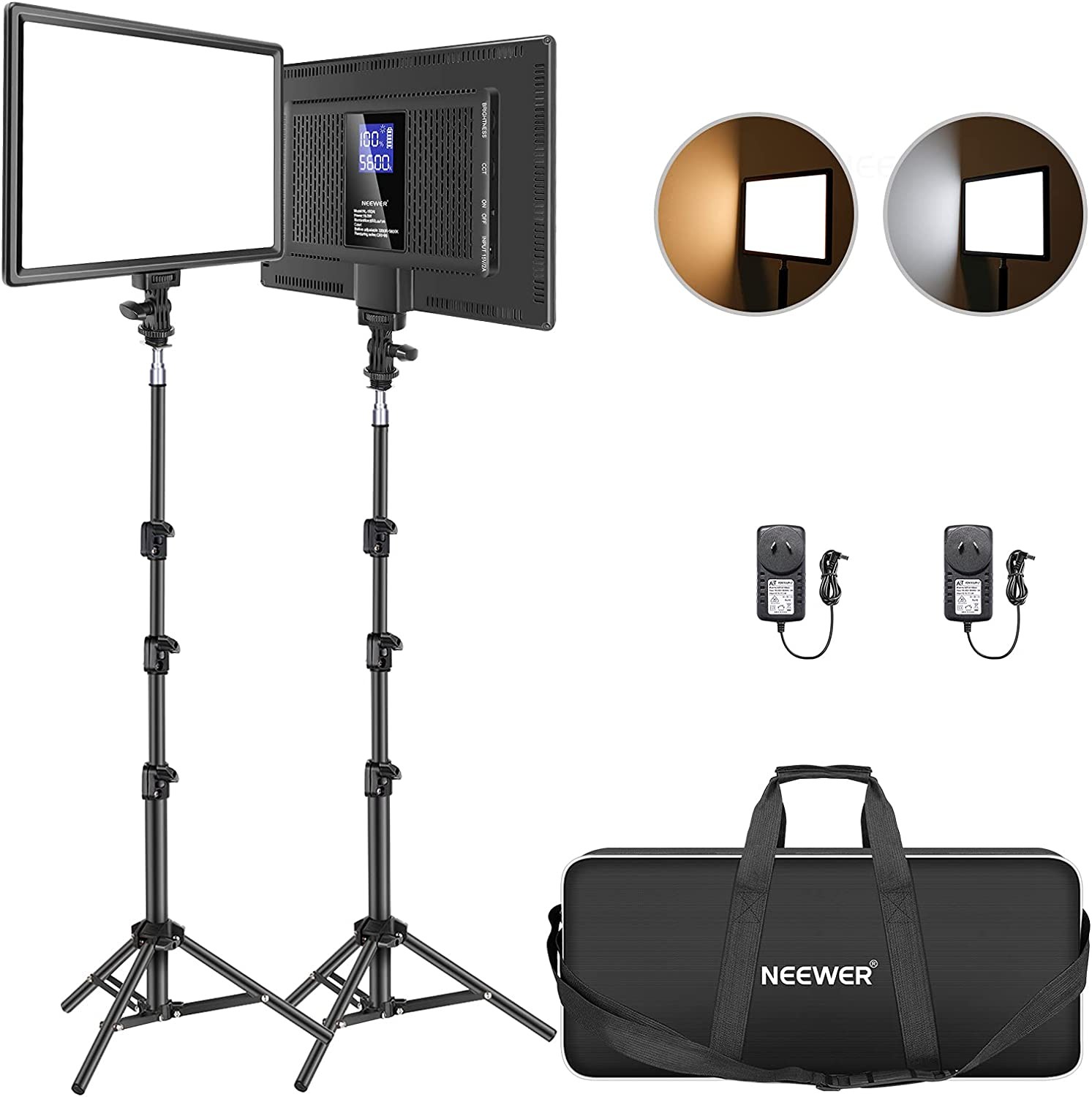 NEEWER LED Video Lighting Kit with 70Inch Light Stand， 2-Pack 384 LED Soft Video Light， Built-In Lithium Battery 3200K-5600K CRI 97+ Ultra-Thin on Camera Light Panel for Youtube Photography Shooting