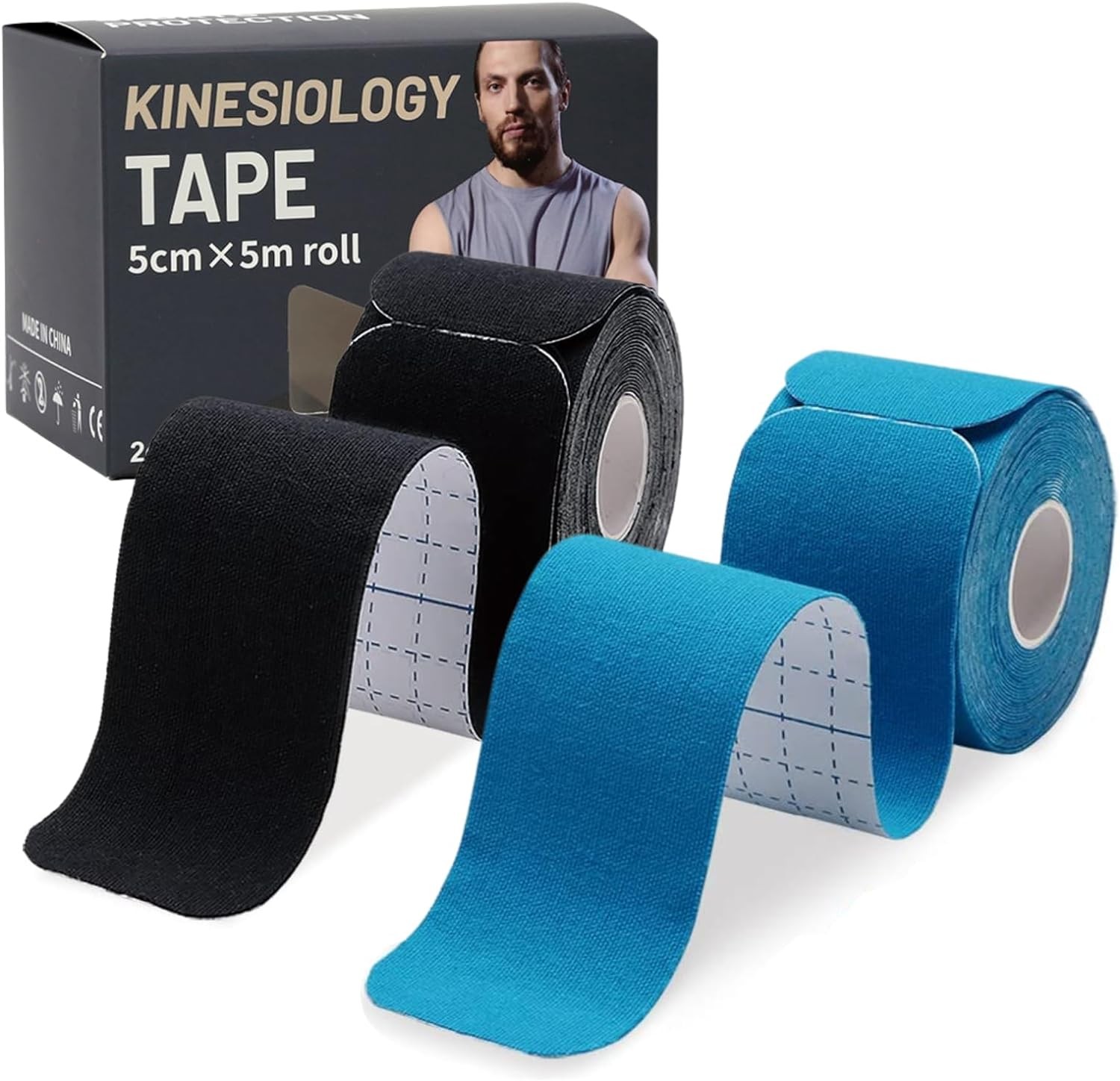 Kinesiology Tape Precut (2Pack), Elastic Therapeutic Sports Tape for Knee Shoulder and Elbow, Muscles, Ankle, Pain Relief, Water Resistant Tape, 20 Precut 10 Inch Strips(Black+Blue)