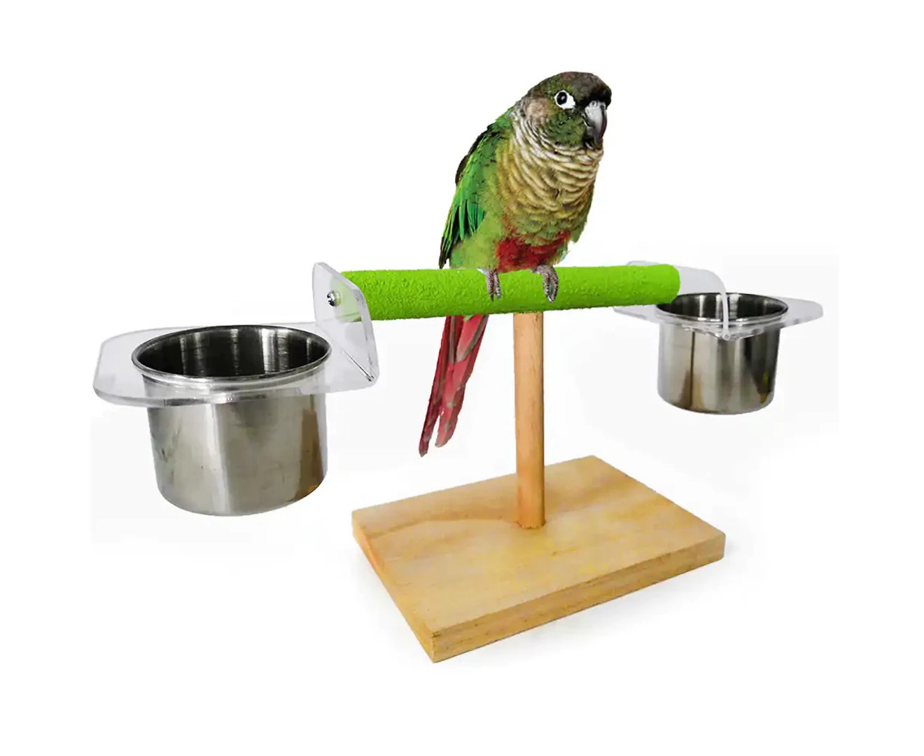 Pet Bird Parrot Wood Platform Feeding Cup Stand Rack Perch Cage Play Chew Toy